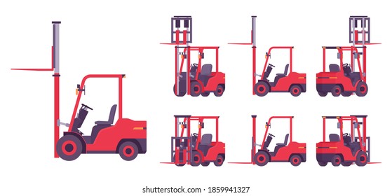 Forklift truck, professional vehicle, pallet for lifting, carrying heavy loads. Business transport to load, unload cargo in warehouse logistics. Vector flat style cartoon illustration, different views