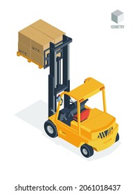 A forklift truck with raised cardboard boxes. 3d isometric vector illustration in a flat style, isolated on a white background.