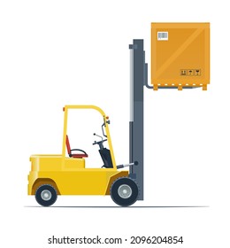 A forklift truck with a raised plywood box. The view on the right. Vector illustration. Isolated on a white background.