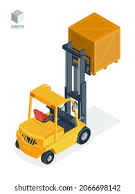 A forklift truck with a raised plywood container. 3d isometric vector illustration in a flat style, isolated on a white background.