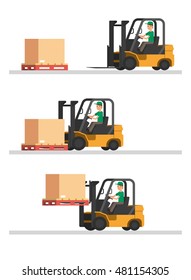 Forklift truck shipping step in warehouse, heavy carton equipment and machinery vector illustration collection set