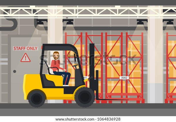 Forklift truck at shop or store warehouse.\
Loader with worker near box or package, container at shelves at\
storehouse. Logistic and product transportation, delivery and\
shipment, storage and\
loading.