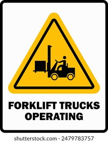 Forklift truck sign. Symbol of threat alert. Hazard warning icon. Black lift-truck with the silhouette of a man emblem isolated in yellow triangle on white background. Danger label. Vector