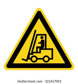 Forklift truck sign. Symbol of threat alert. Hazard warning icon. Black lift-truck with the silhouette of a man emblem isolated in yellow triangle on white background. Danger label. Vector