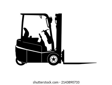 Forklift truck. Silhouette of electric three wheeled compact indoor forklift with driver. Side view. Vector.