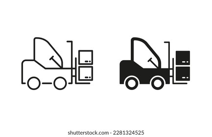 Forklift Truck Silhouette and Line Icon Set. Fork Lift on Warehouse Pictogram. Cargo Machine Loader Icon. Delivery Service Transportation Equipment. Editable Stroke. Isolated Vector Illustration.