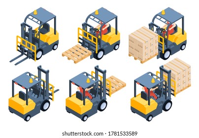 Forklift truck, storage equipment, storage racks, pallets with boxes. Vehicle for goods transportation and lifting. Back and front view, worker driving truck with carton vector illustration