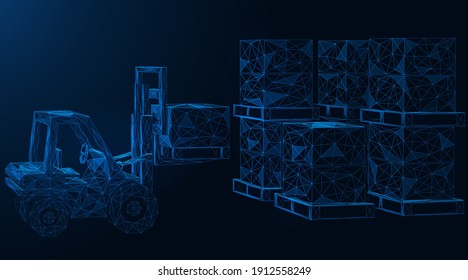 A forklift truck transports and stacks cargo. Polygonal construction of thin connected lines. Blue background.