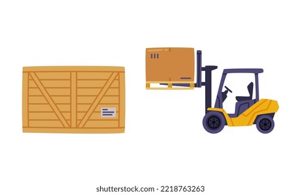 Camión elevador de horquilla descargando paleta con cajas. Ilustración vectorial plana de la industria de la logística del almacenamiento
