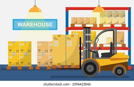 Forklift truck in Warehouse with boxes isolated flat design isolated on white background, Vector illustration icon loader box.