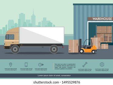Forklift truck in warehouse. Truck loading in the warehouse building. Vector illustration