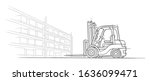 Forklift truck in warehouse sketch line illustration. Outline, isolated, vector, 2 layers. 