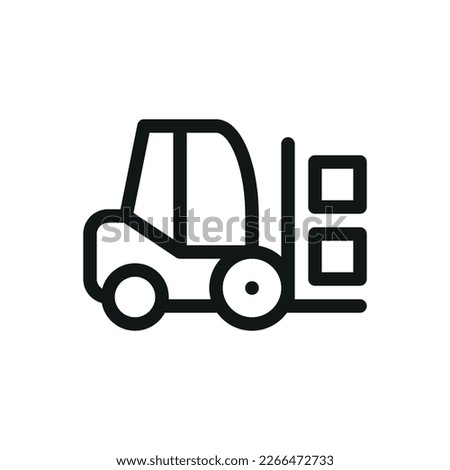 Forklift truck in warehouse or storage loading cardboard boxes isolated icon, warehouse material handling equipment vector symbol with editable stroke