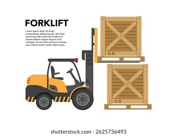 Forklift truck with wooden box. A forklift truck carrying cardboard boxes is a type of warehouse equipment used for moving goods. Vector illustration. Stock illustration.
