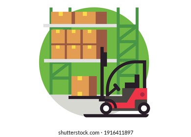 Forklift truck work in warehouse, vector illustration isolated on a white background