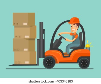 Forklift truck with worker. Vector flat illustration