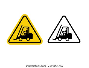 Forklift trucks and other industrial vehicles sign. Vector illustration of yellow triangle warning sign with lift truck icon inside. Caution fork truck isolated on background. Symbol used in warehouse