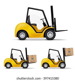 Forklift trucks set with paper boxes.