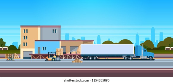 Forklift Unloading Loading Semi Trailer Outdoor Warehouse International Delivery Concept Flat Horizontal Banner Vector Illustration