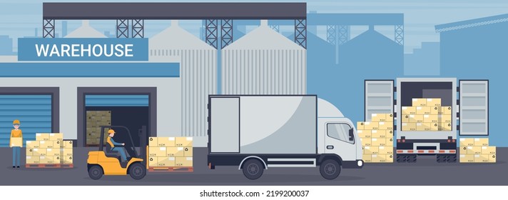 Forklift unloading pallet from cargo container or refrigerated truck to an industrial warehouse. Industrial storage and distribution of products svg