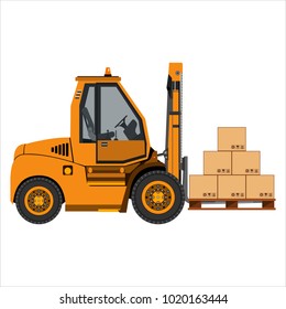 A forklift unloads the pallets with the boxes. Isolated on a white background. Flat design. Vector illustration.