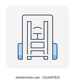 Forklift vector icon design at front view. May called fork truck or lift truck. Elevator machine equipment or vehicle for heavy industrial work in warehouse, factory i.e. lift up, raise and delivery.