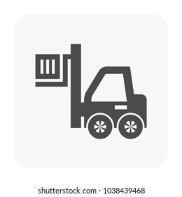 Forklift vector icon. May called fork truck or lift truck. Elevator machine equipment or vehicle for heavy industrial work in warehouse, factory i.e. lift up, raise and delivery. Include crate or box.
