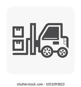 Forklift vector icon. May called fork truck or lift truck. Elevator machine equipment or vehicle for heavy industrial work in warehouse, factory i.e. lift up, raise and delivery. Include crate or box.