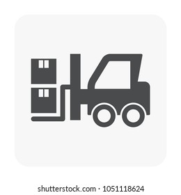 Forklift vector icon. May called fork truck or lift truck. Elevator machine equipment or vehicle for heavy industrial work in warehouse, factory i.e. lift up, raise and delivery. Include cargo box.