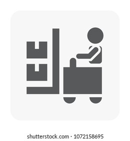 Forklift vector icon. May called fork truck or lift truck. Elevator machine equipment or vehicle for heavy industrial work in warehouse, factory i.e. lift up, raise and delivery. Include carton box.