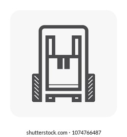 Forklift vector icon. May called fork truck or lift truck. Elevator machine equipment or vehicle for heavy industrial work in warehouse, factory i.e. lift up, raise and delivery. Include carton box.