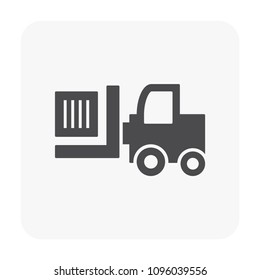 Forklift vector icon. May called fork truck or lift truck. Elevator machine equipment or vehicle for heavy industrial work in warehouse, factory i.e. lift up, raise and delivery. Include crate or box.