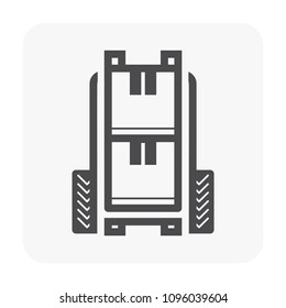 Forklift vector icon. May called fork truck or lift truck. Elevator machine equipment or vehicle for heavy industrial work in warehouse, factory i.e. lift up, raise and delivery. Include crate or box.