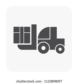 Forklift vector icon. May called fork truck or lift truck. Elevator machine equipment or vehicle for heavy industrial work in warehouse, factory i.e. lift up, raise and delivery. Include crate or box.