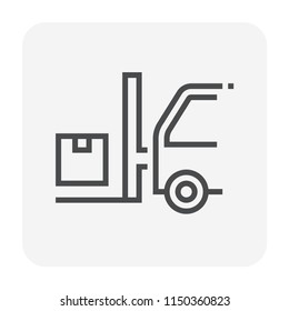 Forklift vector icon. May called fork truck. Elevator machine equipment or vehicle for industrial work in warehouse, factory i.e. lift up, raise and delivery. Include wood crate or box. 64x64 pixel.