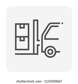 Forklift vector icon. May called fork truck. Elevator machine equipment or vehicle for industrial work in warehouse, factory i.e. lift up, raise and delivery. Include wood crate or box. 64x64 pixel.