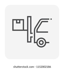 Forklift vector icon. May called fork truck. Elevator machine equipment or vehicle for industrial work in warehouse, factory i.e. lift up, raise and delivery. Include wood crate or box. 64x64 pixel.