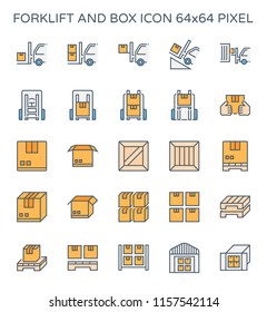 Forklift vector icon. May called fork or lift truck. Include stack of wood crate, cardboard box on pallet for industry i.e. storage, distribution warehouse. Also freight transport, logistic, shipping.