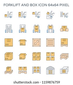 Forklift vector icon. May called fork or lift truck. Include stack of wood crate, cardboard box on pallet for industry i.e. storage, distribution warehouse. Also freight transport, logistic, shipping.