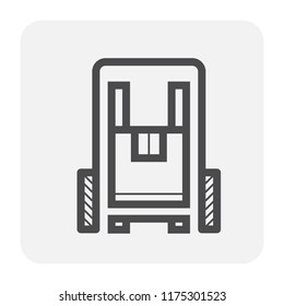 Forklift vector icon. May called fork truck or lift truck. Elevator machine equipment or vehicle for heavy industrial work in warehouse, factory i.e. lift up, raise and delivery. Include carton box.
