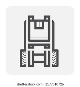Forklift vector icon. May called fork truck or lift truck. Elevator machine equipment or vehicle for heavy industrial work in warehouse, factory i.e. lift up, raise and delivery. Include carton box.