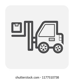 Forklift vector icon. May called fork truck or lift truck. Elevator machine equipment or vehicle for heavy industrial work in warehouse, factory i.e. lift up, raise and delivery. Include carton box.