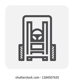 Forklift vector icon. May called fork truck or lift truck. Elevator machine equipment or vehicle for heavy industrial work in warehouse, factory i.e. lift up, raise and delivery. Include crate or box.