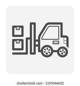 Forklift vector icon. May called fork truck or lift truck. Elevator machine equipment or vehicle for heavy industrial work in warehouse, factory i.e. lift up, raise and delivery. Include crate or box.