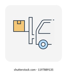 Forklift vector icon. May called fork truck or lift truck. Elevator machine equipment or vehicle for work in warehouse, factory i.e. lift up, raise and delivery. Include carton box. Editable stroke.