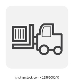 Forklift vector icon. May called fork truck or lift truck. Elevator machine equipment or vehicle for heavy industrial work in warehouse, factory i.e. lift up, raise and delivery. Include crate or box.