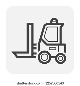 Forklift vector icon. May called fork truck or lift truck. Elevator machine equipment or vehicle for heavy industrial work in storage, port, warehouse and factory i.e. lift up, raise and delivery.