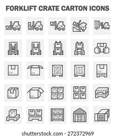 Forklift vector icon. May called fork or lift truck. Include stack of wood crate, cardboard box on pallet for industry i.e. storage, distribution warehouse. Also freight transport, logistic, shipping.