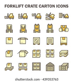 Forklift vector icon. May called fork or lift truck. Include stack of wood crate, cardboard box on pallet for industry i.e. storage, distribution warehouse. Also freight transport, logistic, shipping.