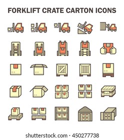 Forklift vector icon. May called fork or lift truck. Include stack of wood crate, cardboard box on pallet for industry i.e. storage, distribution warehouse. Also freight transport, logistic, shipping.